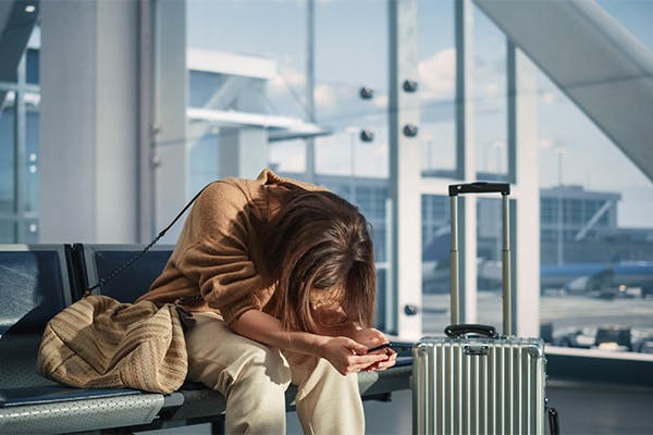 Woman-Waits-for-Flight,-Uses-Smartphone,-Receives-Bad-News,-Starts-Crying.